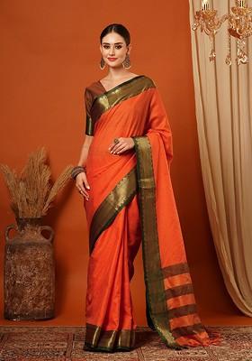 Orange Zari Silk Saree Set