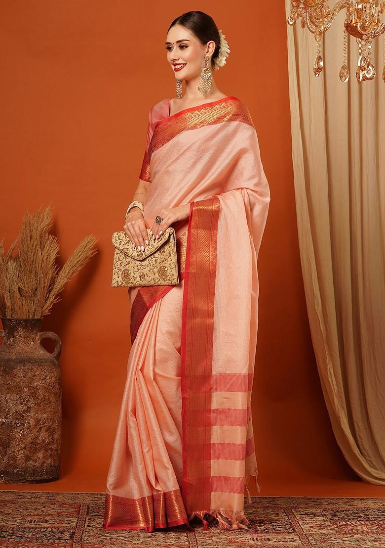Peach Zari Silk Saree Set