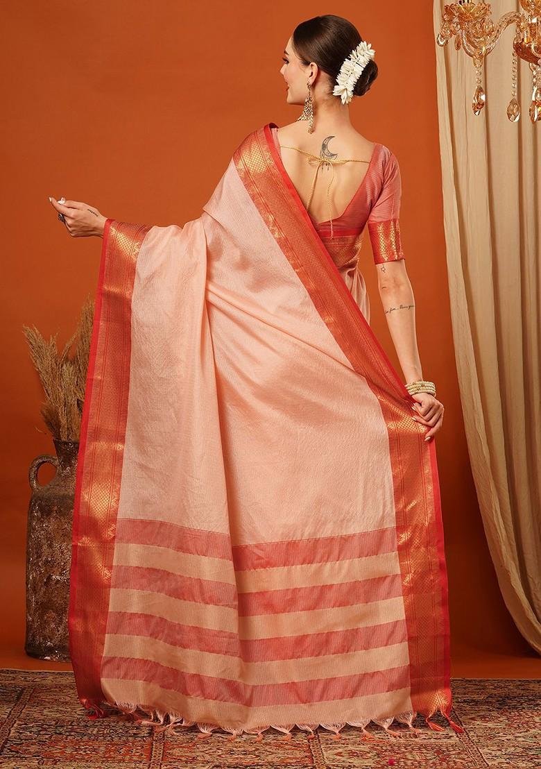 Peach Zari Silk Saree Set