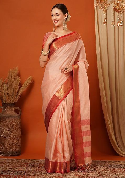 Peach Zari Silk Saree Set