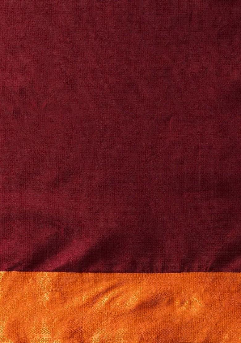 Brown Woven Silk Saree Set