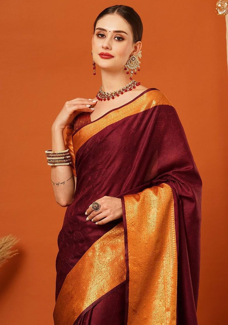 Brown Woven Silk Saree Set