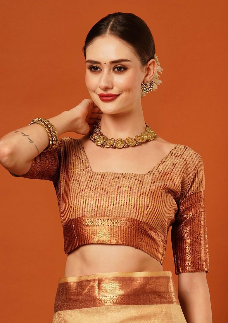 Brown Woven Silk Saree Set