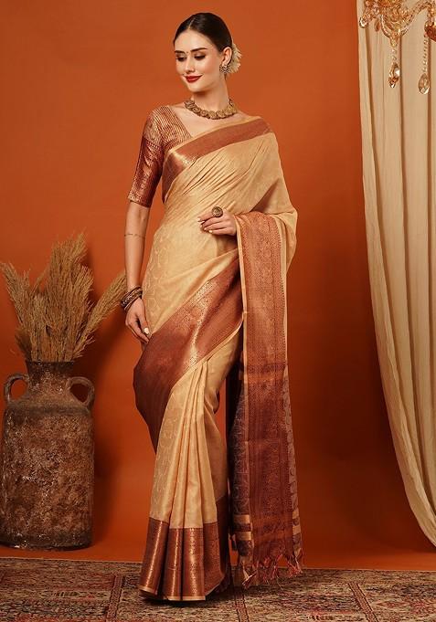 Brown Woven Silk Saree Set