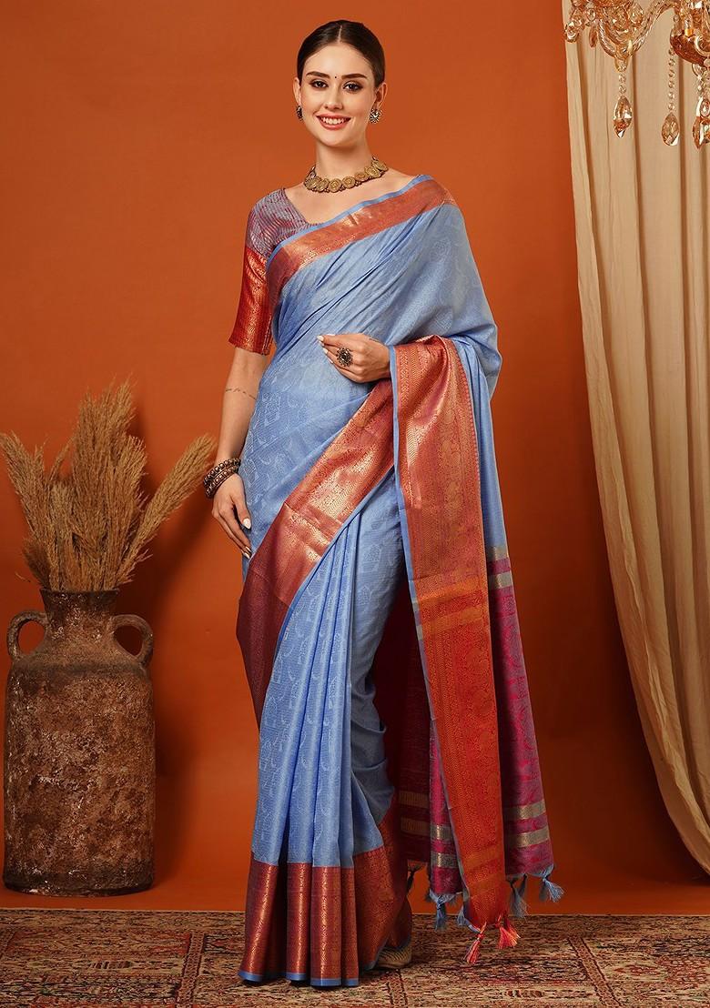 Blue Woven Poly Blend Saree Set