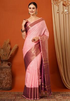 Peach Woven Poly Blend Saree Set