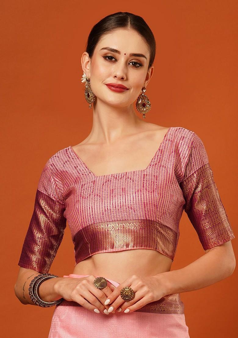 Peach Woven Poly Blend Saree Set