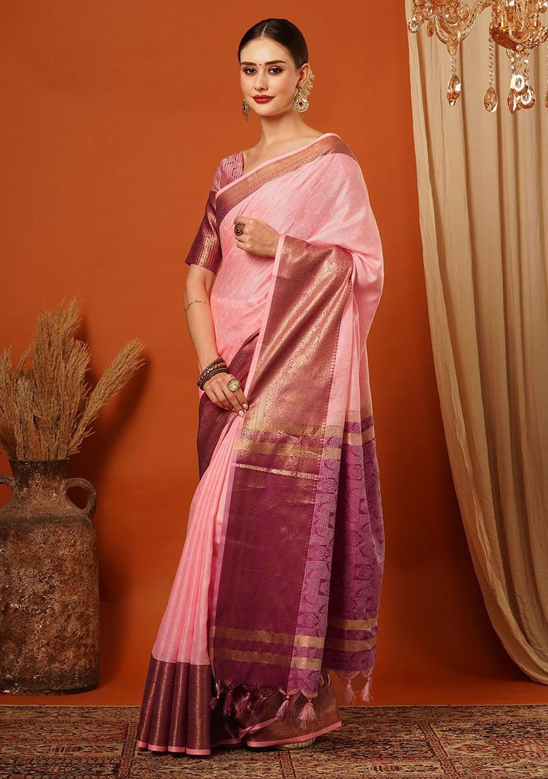 Peach Woven Poly Blend Saree Set