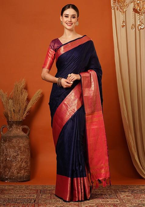 Blue Zari Silk Saree Set