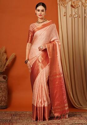 Peach Zari Silk Saree Set