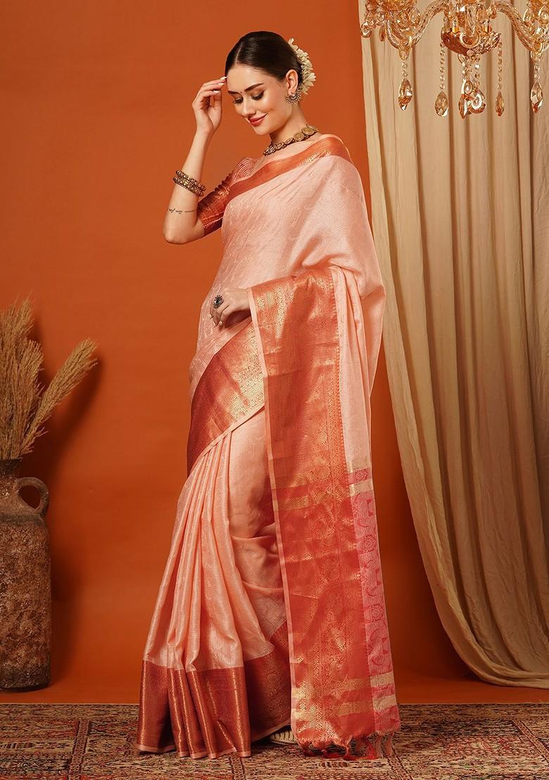 Peach Zari Silk Saree Set