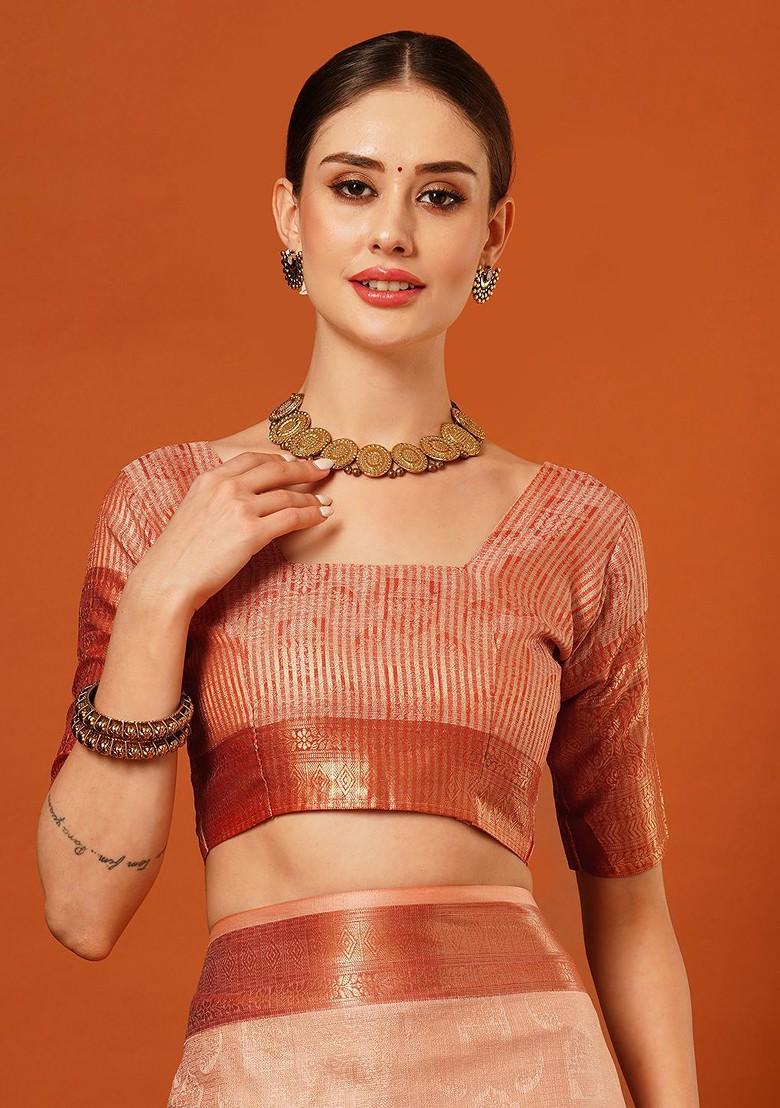 Peach Zari Silk Saree Set