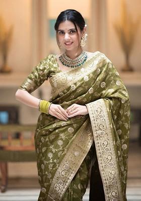 Fluorescent Green Woven Silk Saree Set