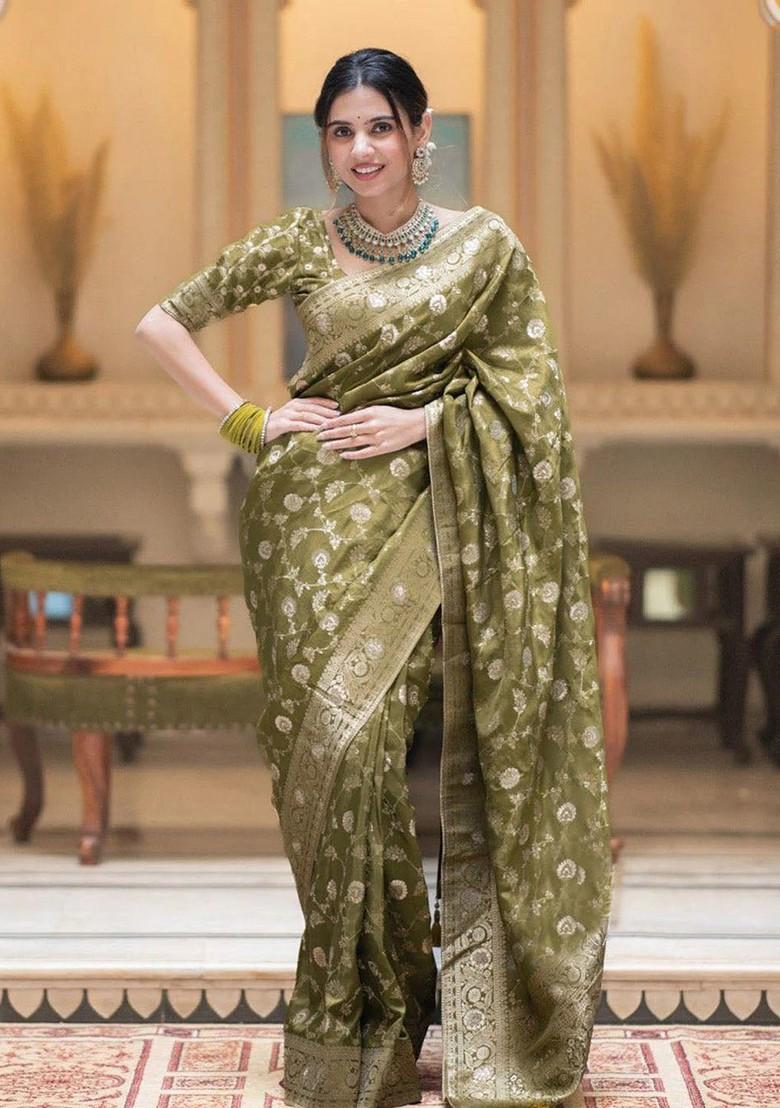 Fluorescent Green Woven Silk Saree Set