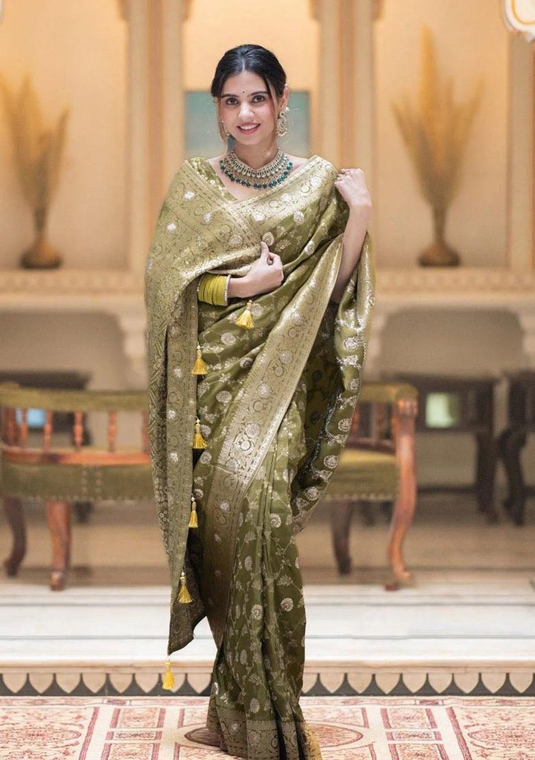 Fluorescent Green Woven Silk Saree Set