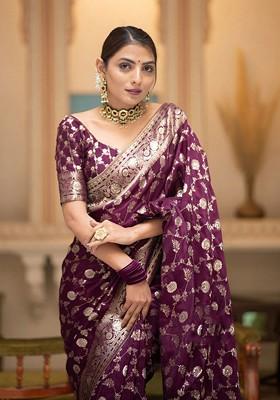 Magenta Woven Silk Saree Set