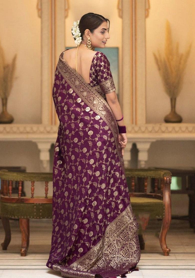 Magenta Woven Silk Saree Set