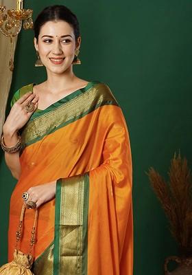 Orange Woven Silk Saree Set