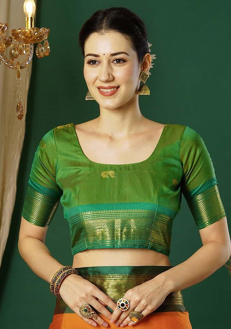 Orange Woven Silk Saree Set