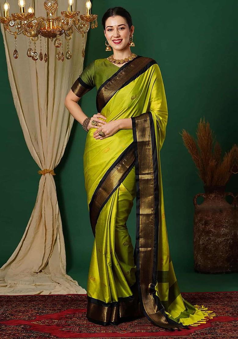 Lime Green Woven Silk Saree Set