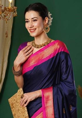 Navy Blue Woven Silk Saree Set