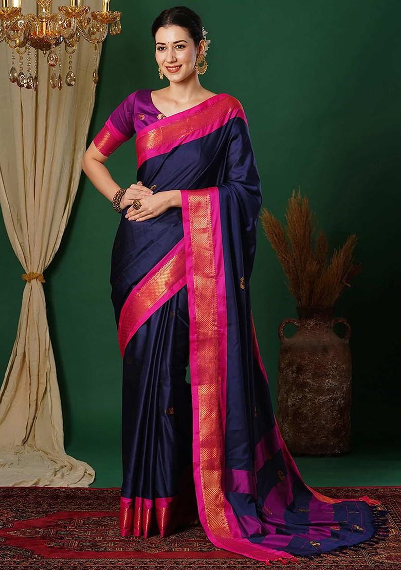 Navy Blue Woven Silk Saree Set