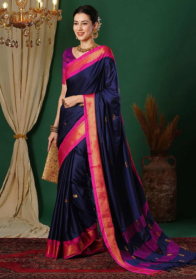 Navy Blue Woven Silk Saree Set