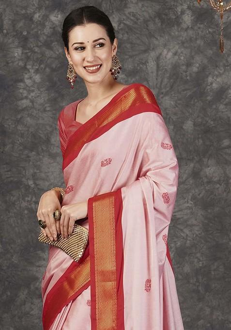 Pink Woven Silk Saree Set