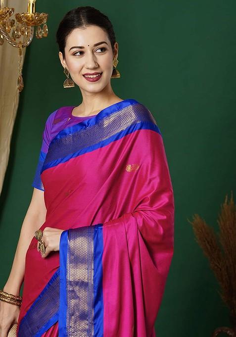 Pink Woven Silk Saree Set