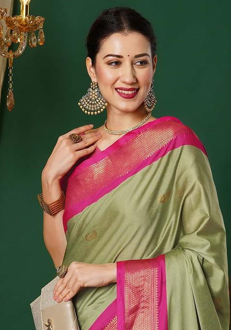 Olive Woven Silk Saree Set