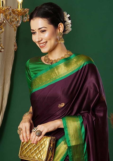Magenta Woven Silk Saree Set