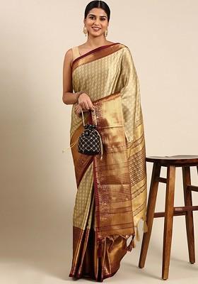 Beige Woven Cotton Saree Set