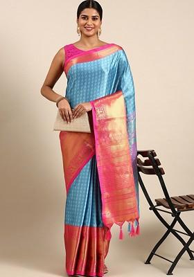 Turquoise Blue Woven Cotton Saree Set
