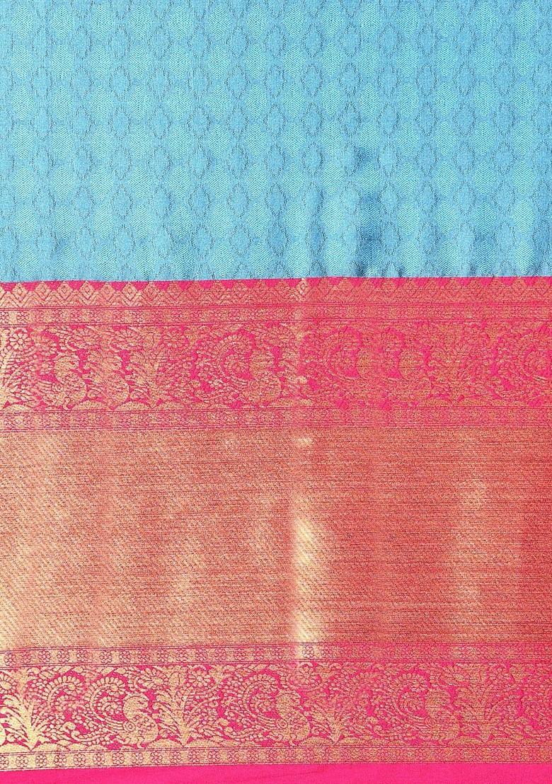 Turquoise Blue Woven Cotton Saree Set