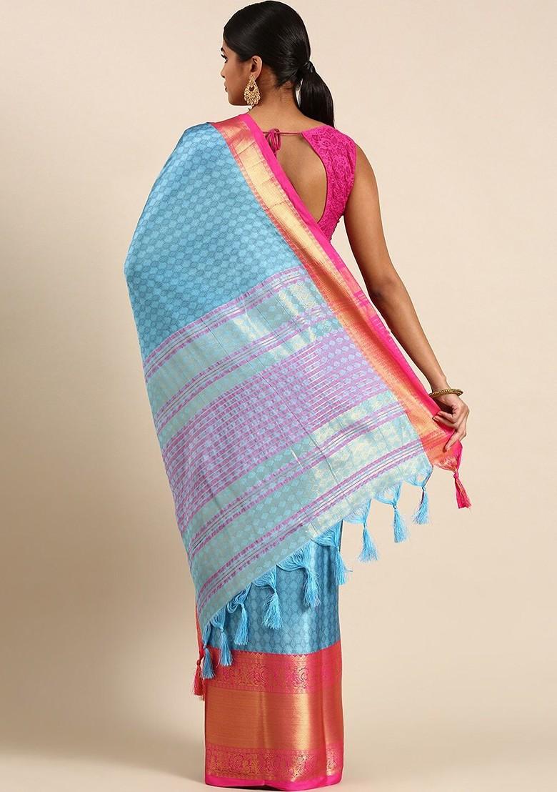 Turquoise Blue Woven Cotton Saree Set
