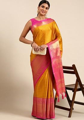 Yellow Woven Cotton Saree Set