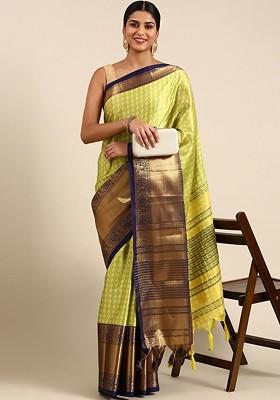 Lime Green Woven Cotton Saree Set