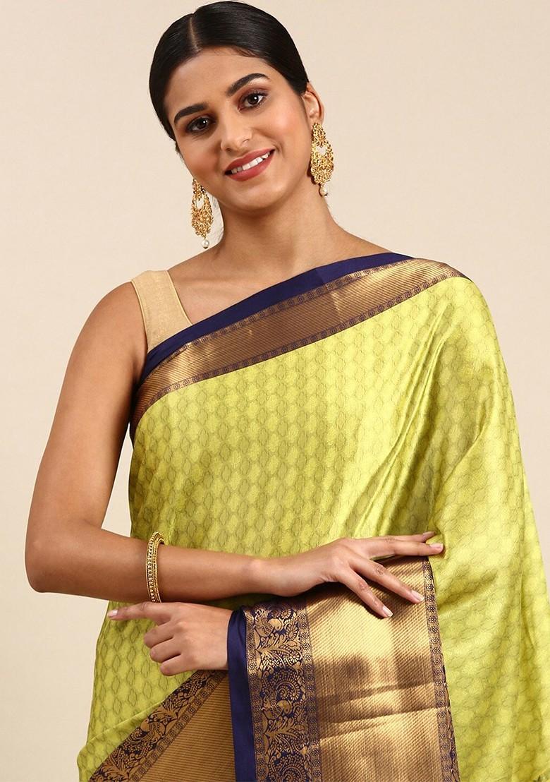 Lime Green Woven Cotton Saree Set
