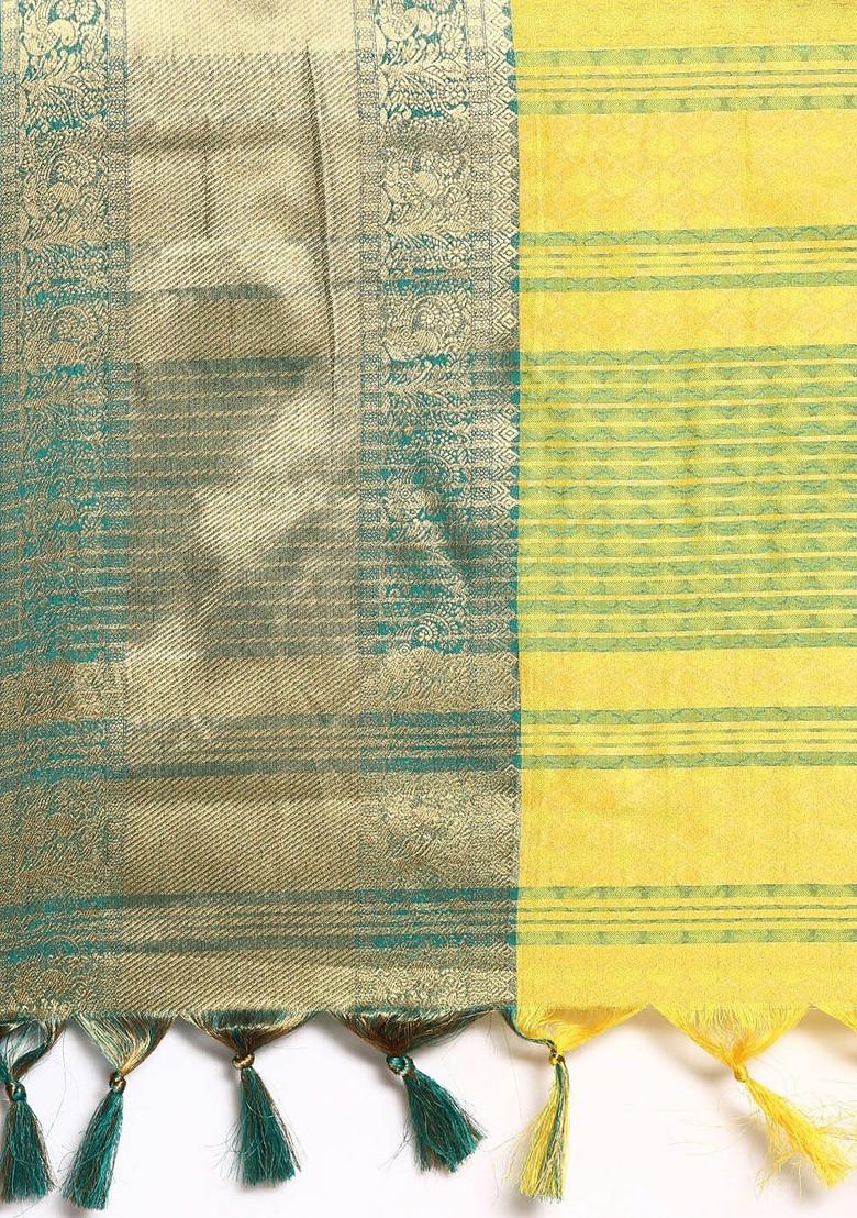 Lime Green Woven Cotton Saree Set