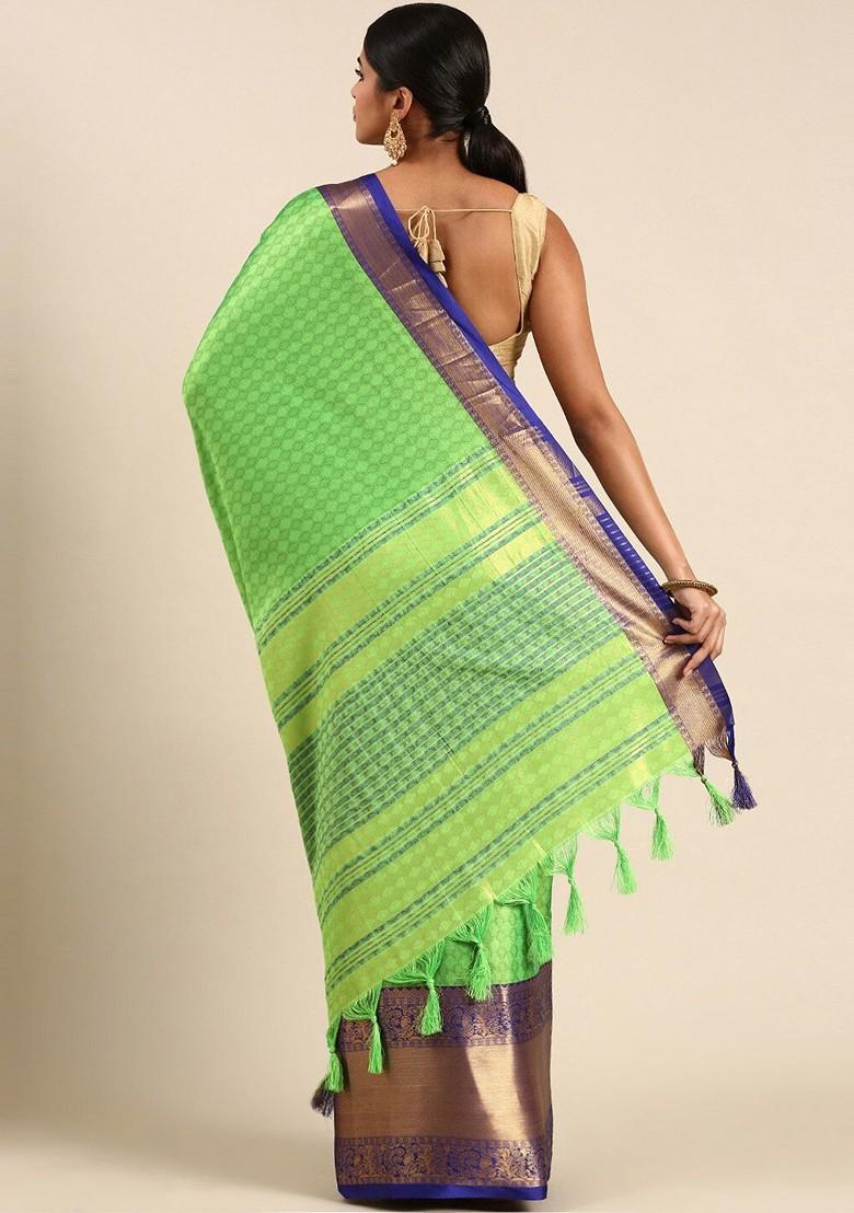 Fluorescent Green Woven Cotton Saree Set