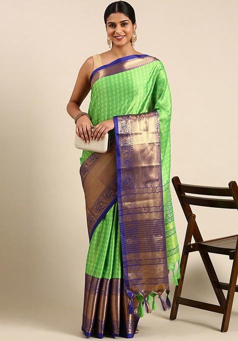 Fluorescent Green Woven Cotton Saree Set