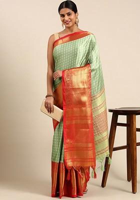 Green Woven Cotton Saree Set