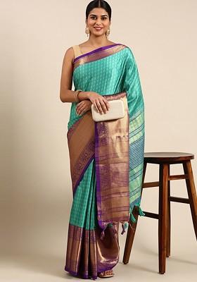 Blue Woven Cotton Saree Set