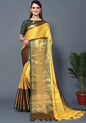 Yellow Woven Cotton Saree Set