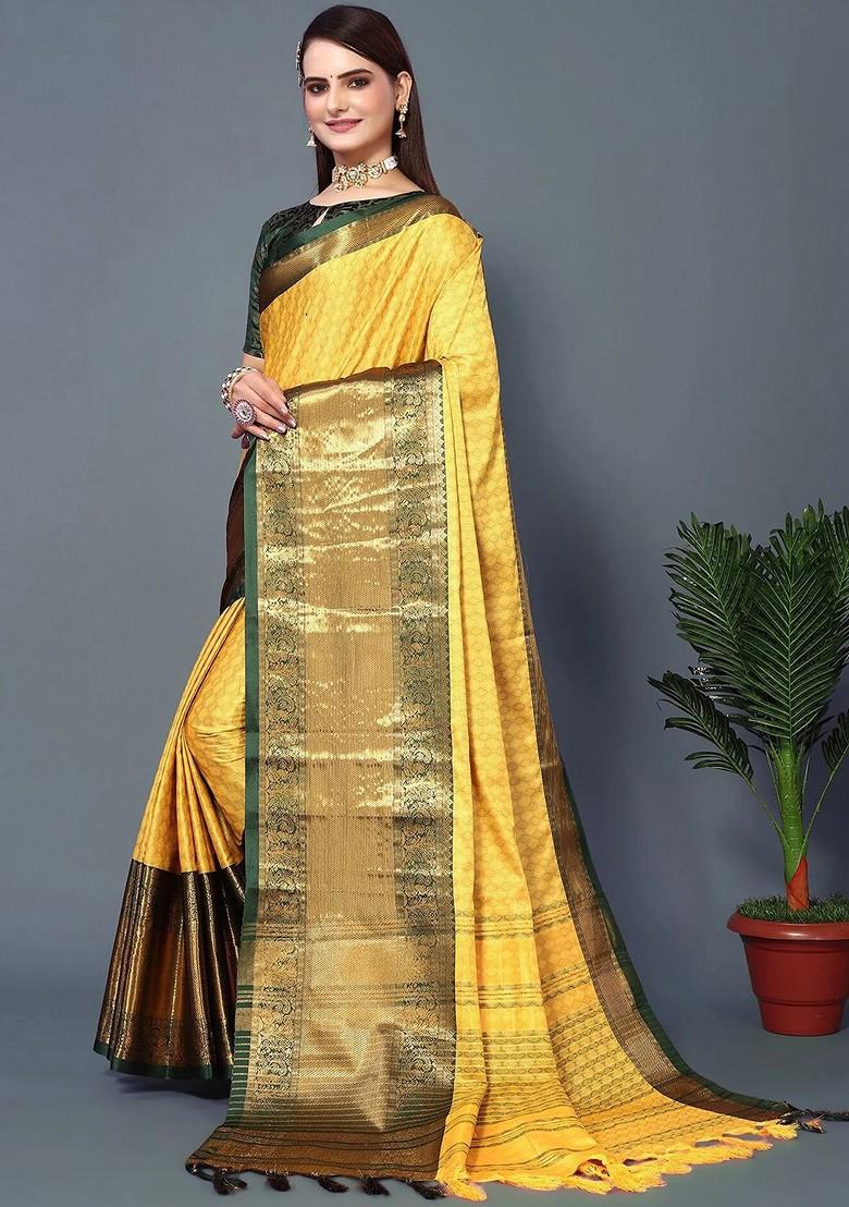 Yellow Woven Cotton Saree Set