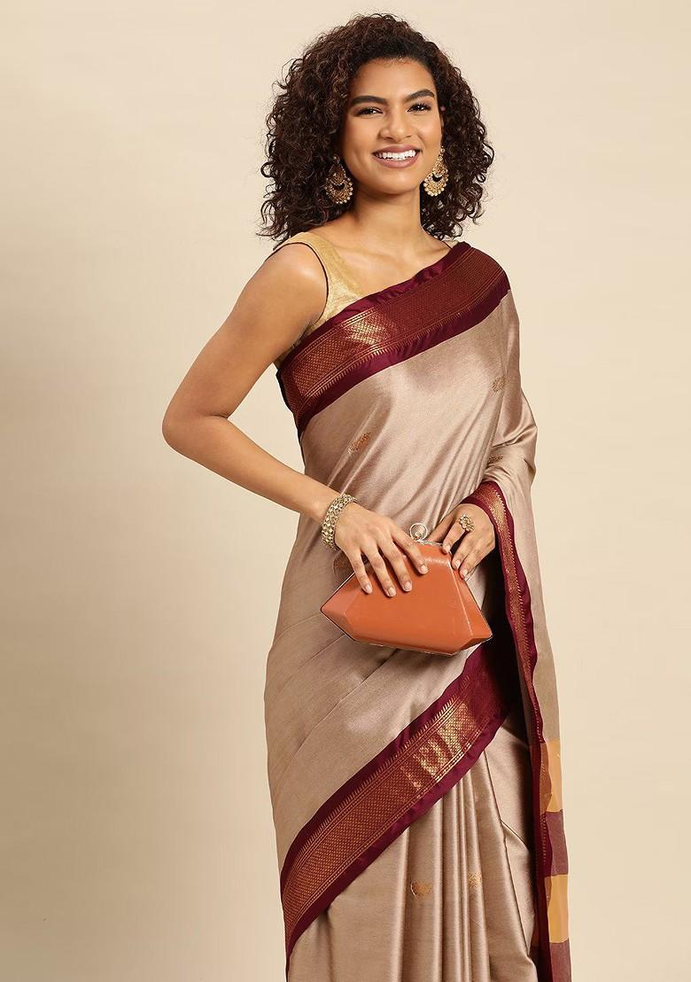 Beige Woven Silk Saree Set
