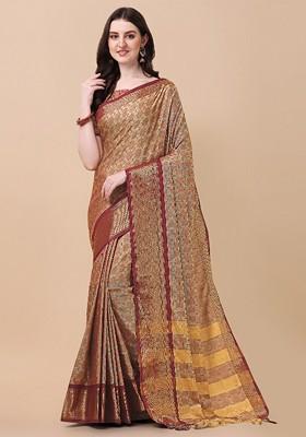Beige Woven Silk Saree Set