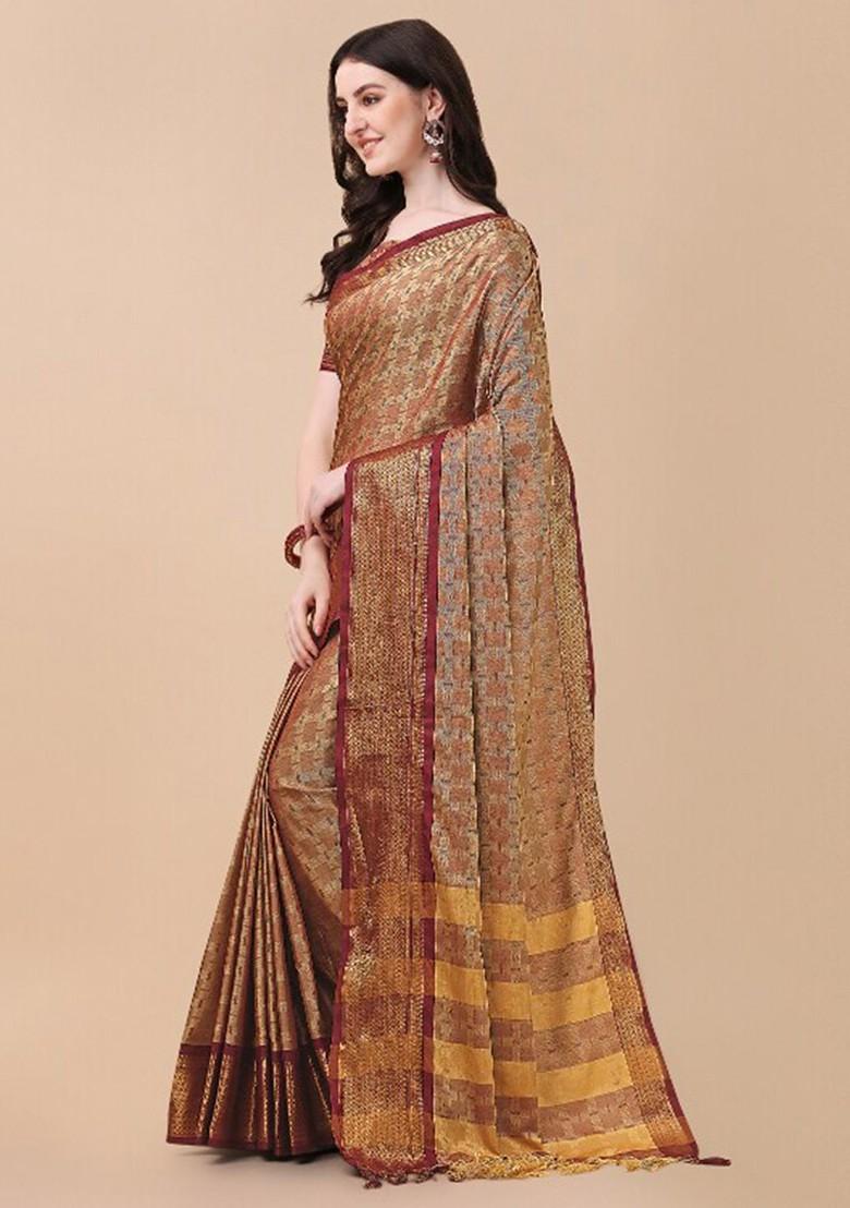 Beige Woven Silk Saree Set