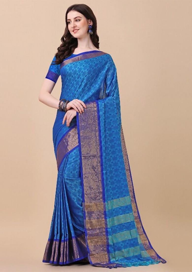 Turquoise Blue Woven Silk Saree Set