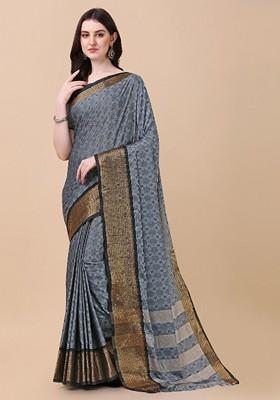 Grey Woven Silk Saree Set